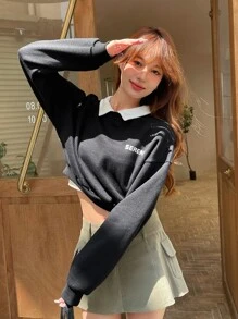 DAZY Letter Graphic Contrast Collar Drop Shoulder Pullover - Black - View 2