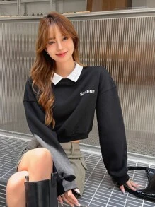 DAZY Letter Graphic Contrast Collar Drop Shoulder Pullover - Black - View 3