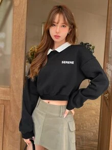 DAZY Letter Graphic Contrast Collar Drop Shoulder Pullover - Black - View 5