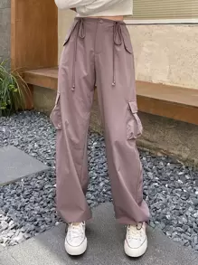 DAZY Drawstring Waist Flap Pocket Cargo Trousers - Pink - View 1