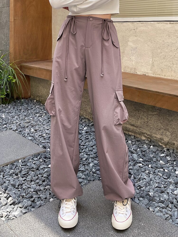 Drawstring Waist Flap Pocket Cargo Pants