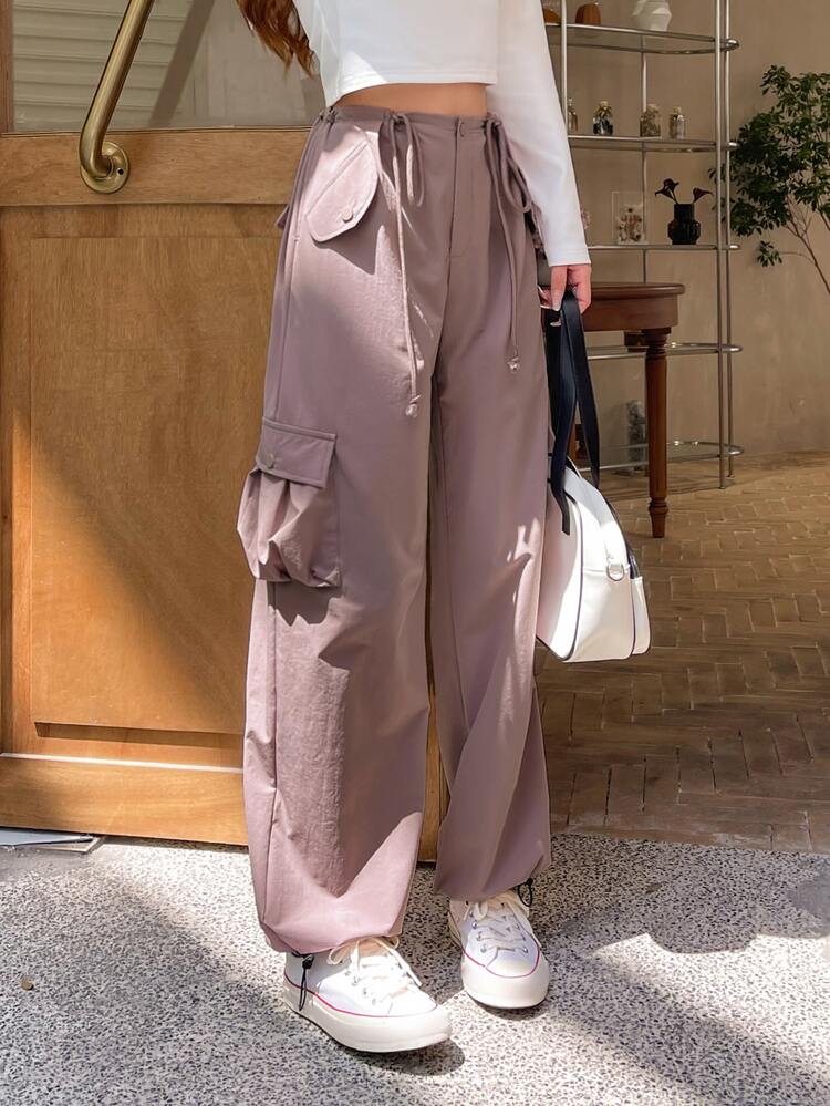 Drawstring Waist Flap Pocket Cargo Pants