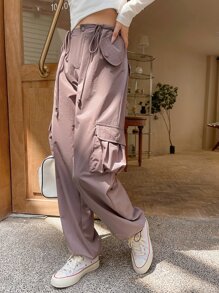DAZY Drawstring Waist Flap Pocket Cargo Trousers - Pink - View 6