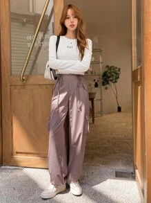 DAZY Drawstring Waist Flap Pocket Cargo Trousers - Pink - View 8