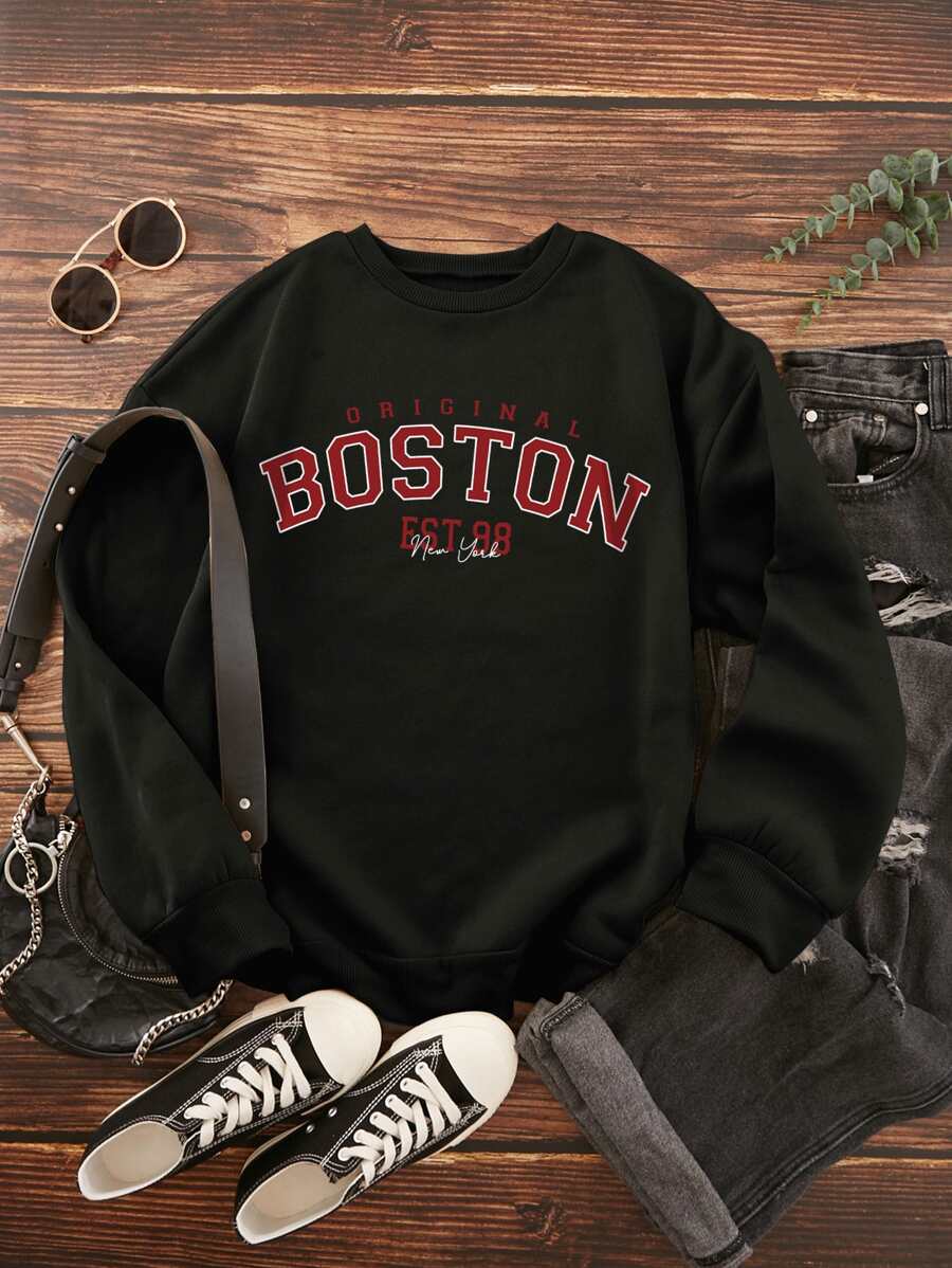 SHEIN EZwear Letter Graphic Round Neck Sweatshirt - Black - View 1