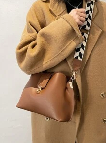 时尚百搭复古风斜挎包，小众设计，纯色，简约轻巧，可调节肩带水桶包，几何肩带单肩包，适合上班、通勤、外出、约会、逛街（肩带图案随机）。 - 棕色 - 查看 3
