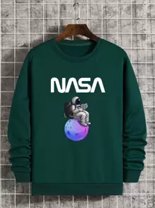 Men Astronaut & Letter Graphic Thermal Lined Pullover - Dark Green - View 1