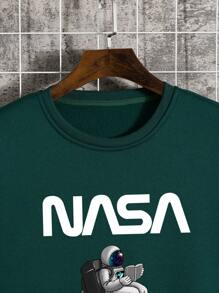 Men Astronaut & Letter Graphic Thermal Lined Pullover - Dark Green - View 6