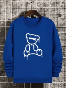 Manfinity Dauomo 男士小熊印花加絨內裏運動衫 - 寶藍色 - 查看 1