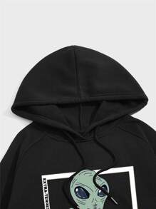 Men Alien & Letter Graphic Raglan Sleeve Drawstring Kangaroo Pocket Hoodie - Black - View 4