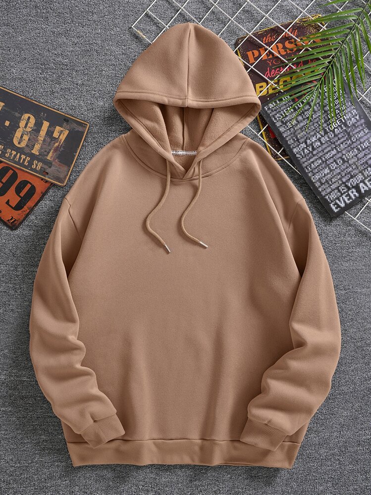 Manfinity Dauomo 男士素色抽繩加絨內裏連帽衫 - 卡其色 - 查看 1