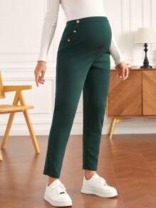 SHEIN Maternity Button Detail Trousers - Dark Green - View 3