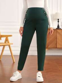 SHEIN Maternity Button Detail Trousers - Dark Green - View 5