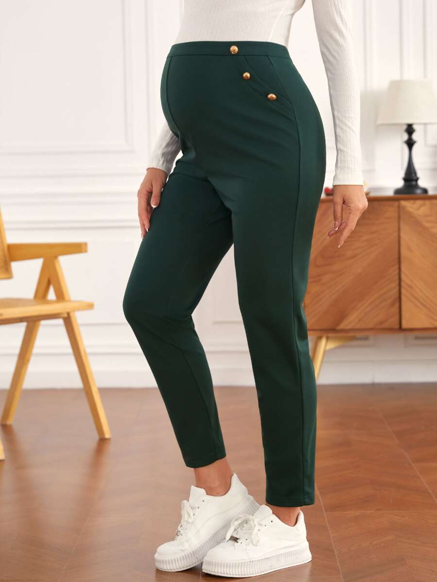SHEIN Maternity Button Detail Trousers - Dark Green - View 1