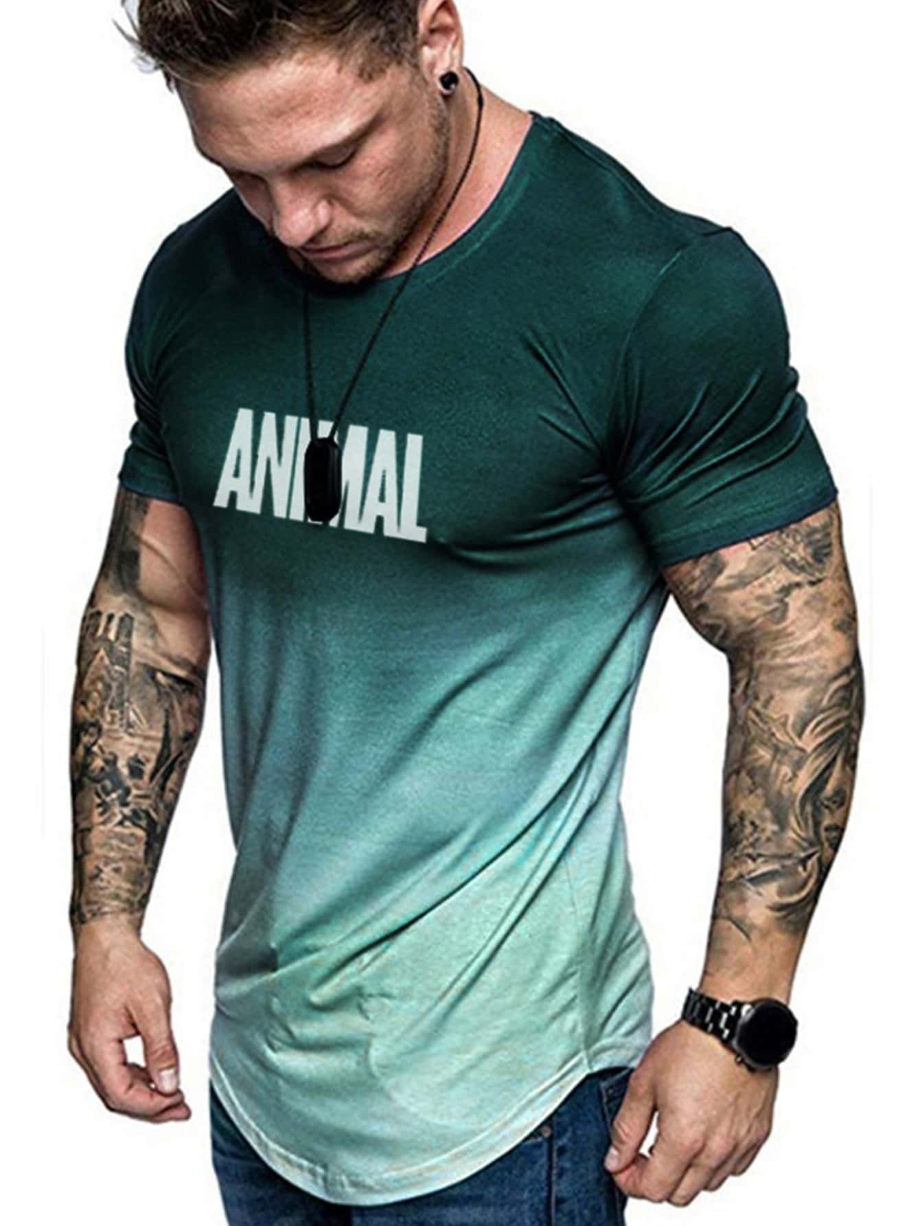 Fitness Boyfriend Style Men Letter Graphic Ombre Sports Tee - Green - View 1