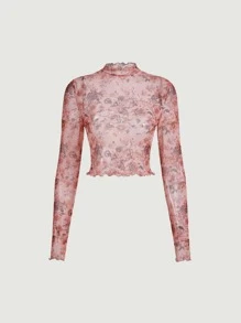 SHEIN MOD Mock Neck Floral Print Lettuce Trim Sheer Top Without Bra - Multicolor - View 2