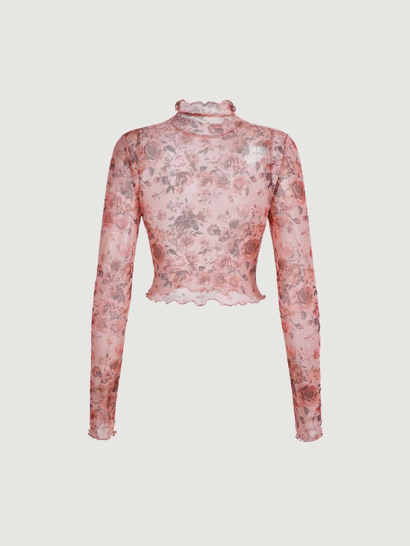 SHEIN MOD Mock Neck Floral Print Lettuce Trim Sheer Top Without Bra - Multicolor - View 6