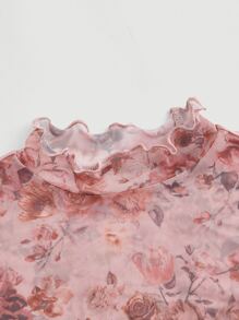 SHEIN MOD Mock Neck Floral Print Lettuce Trim Sheer Top Without Bra - Multicolor - View 5