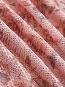 SHEIN MOD Mock Neck Floral Print Lettuce Trim Sheer Top Without Bra - Multicolor - View 4