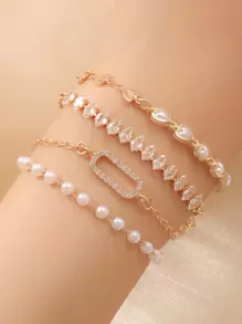 4pcs Khối Zirconia  & Đồ trang trí Ngọc Trai giả Vòng tay - Nhiều màu - Xem 1
