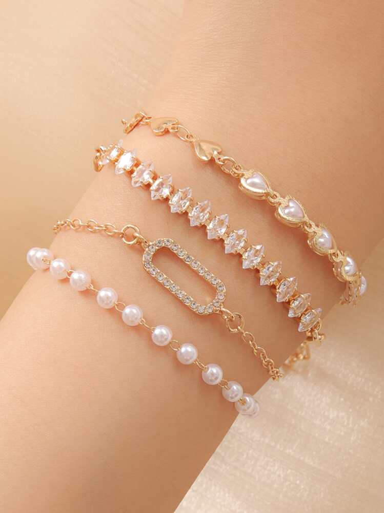 4pcs Khối Zirconia  & Đồ trang trí Ngọc Trai giả Vòng tay - Nhiều màu - Xem 1