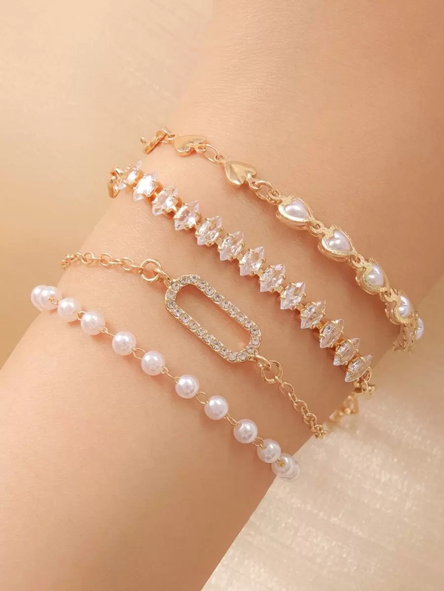 4pcs Khối Zirconia  & Đồ trang trí Ngọc Trai giả Vòng tay - Nhiều màu - Xem 1