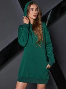 SHEIN EZwear Drop Shoulder Hooded Sweatshirt Dress - Dark Green - View 1