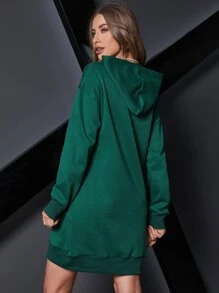 SHEIN EZwear Drop Shoulder Hooded Sweatshirt Dress - Dark Green - View 2