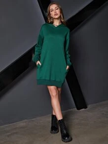 SHEIN EZwear Drop Shoulder Hooded Sweatshirt Dress - Dark Green - View 3