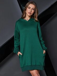 SHEIN EZwear Drop Shoulder Hooded Sweatshirt Dress - Dark Green - View 5