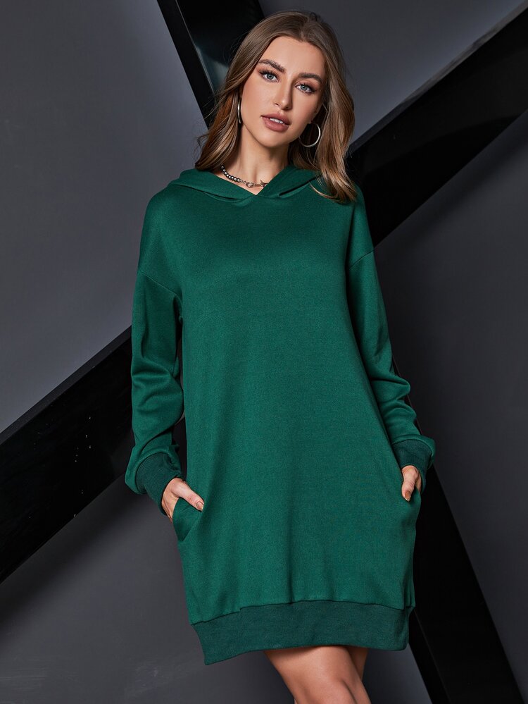 SHEIN EZwear Drop Shoulder Hooded Sweatshirt Dress - Dark Green - View 5