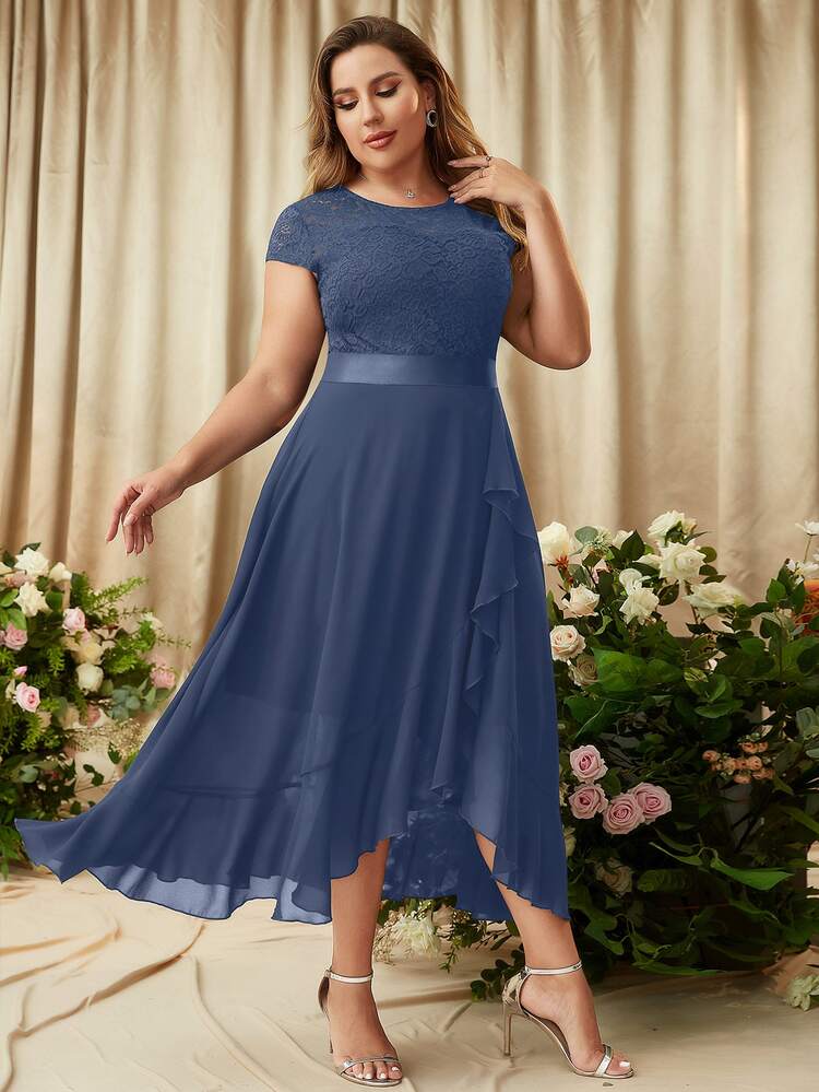 MIUSOL Plus Contrast Floral Lace Chiffon Ruffle Trim Wrap Hem Formal Dress - Grey - View 3