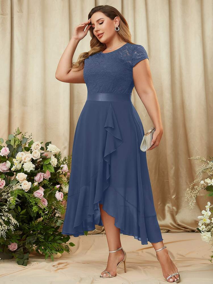 MIUSOL Plus Contrast Floral Lace Chiffon Ruffle Trim Wrap Hem Formal Dress - Grey - View 6