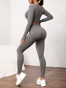 Hollow Out Thumb Hole Sports Set - Grey - View 2