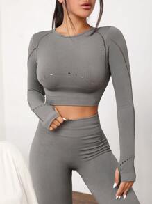 Hollow Out Thumb Hole Sports Set - Grey - View 5