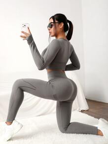 Hollow Out Thumb Hole Sports Set - Grey - View 6