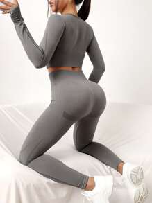 Hollow Out Thumb Hole Sports Set - Grey - View 7