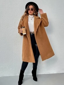 SHEIN Essnce 大碼開門襟絨毛外套 - 棕色 - 查看 5