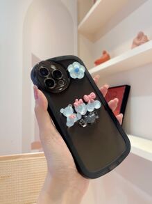 3D Bear Decor Phone Case - Black - View 1