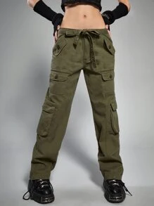ROMWE Grunge Punk Flap Pocket Drop Waist Cargo Jeans - Army Green - View 1
