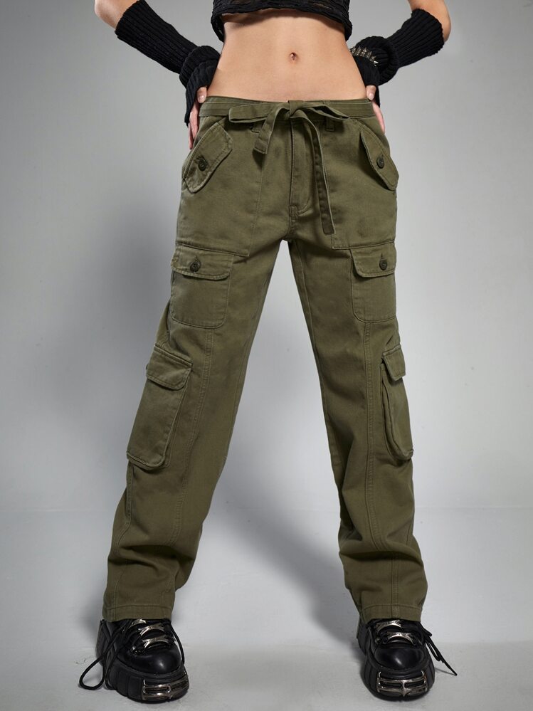 ROMWE Grunge Punk Flap Pocket Drop Waist Cargo Jeans - Army Green - View 1