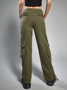 ROMWE Grunge Punk Flap Pocket Drop Waist Cargo Jeans - Army Green - View 2