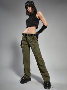 ROMWE Grunge Punk Flap Pocket Drop Waist Cargo Jeans - Army Green - View 3