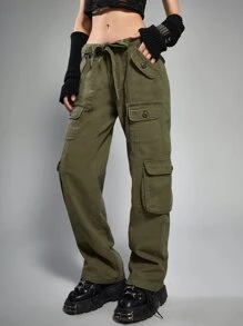 ROMWE Grunge Punk Flap Pocket Drop Waist Cargo Jeans - Army Green - View 4