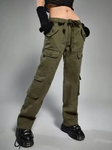 ROMWE Grunge Punk Flap Pocket Drop Waist Cargo Jeans - Army Green - View 5