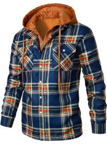 Manfinity Homme 男士格紋印花翻蓋口袋抽繩連帽外套 - 彩色 - 查看 3