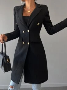 RueChic Lapel Neck Double Breasted Overcoat - Black - View 3