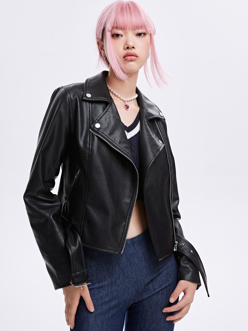 Zip Detail Buckle PU Moto Jacket