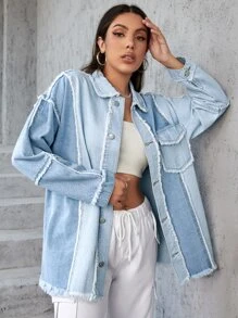 SHEIN EZwear 雙色毛邊緣落肩袖牛仔外套 - 淺色水洗藍 - 查看 4