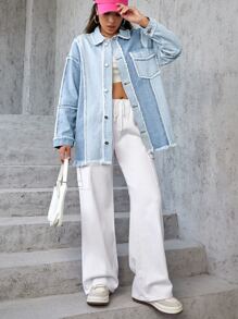 SHEIN EZwear 雙色毛邊緣落肩袖牛仔外套 - 淺色水洗藍 - 查看 1